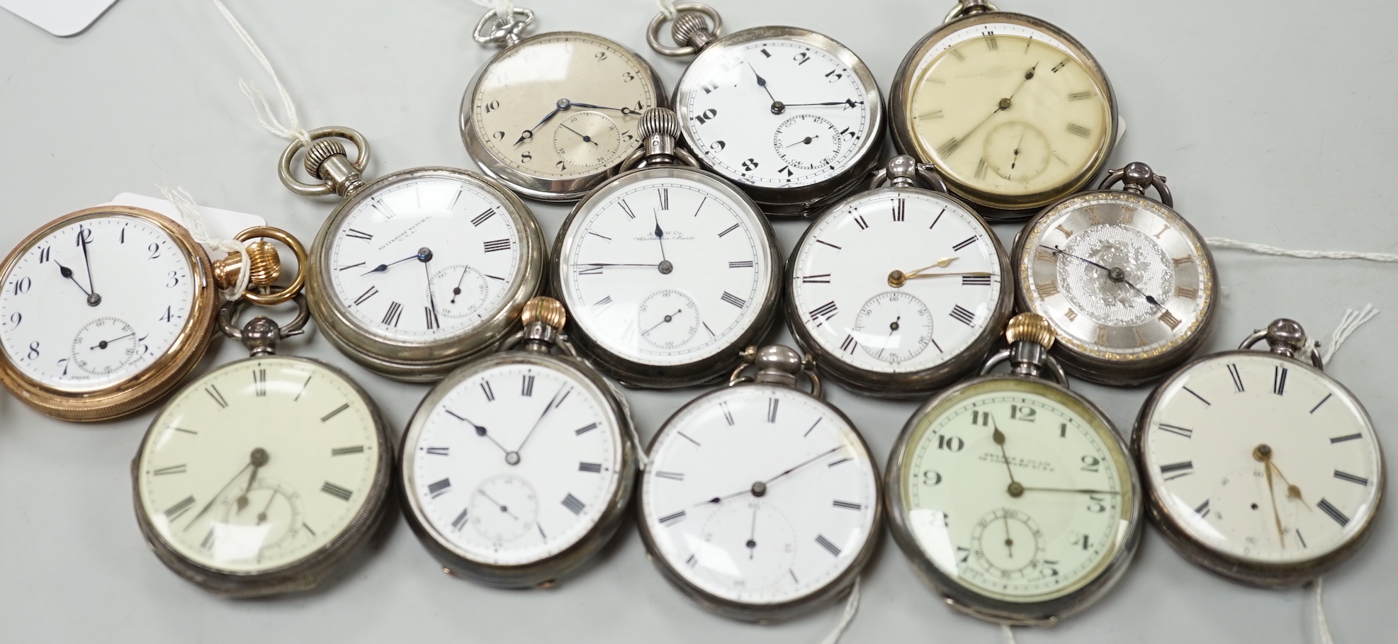 Twelve assorted silver or base metal pocket watches including chrome Omega, Searle & Co and gold plated hunter.